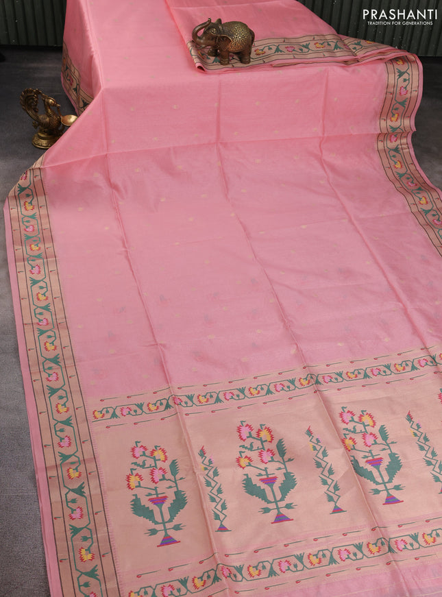 Semi paithani saree peach shade with allover zari woven buttas and paithani pallu