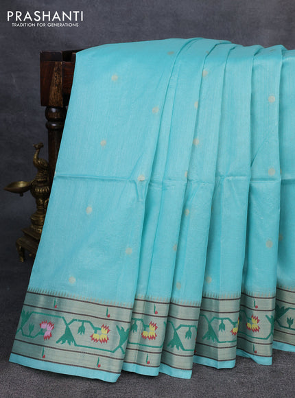 Semi paithani saree teal green with allover zari woven buttas and paithani pallu