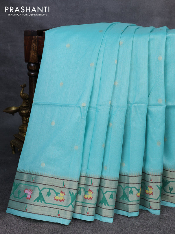 Semi paithani saree teal green with allover zari woven buttas and paithani pallu