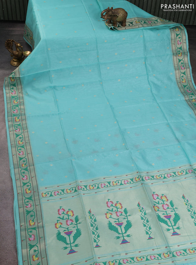 Semi paithani saree teal green with allover zari woven buttas and paithani pallu