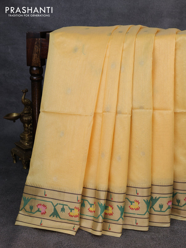 Semi paithani saree pale yellow with allover zari woven buttas and paithani pallu