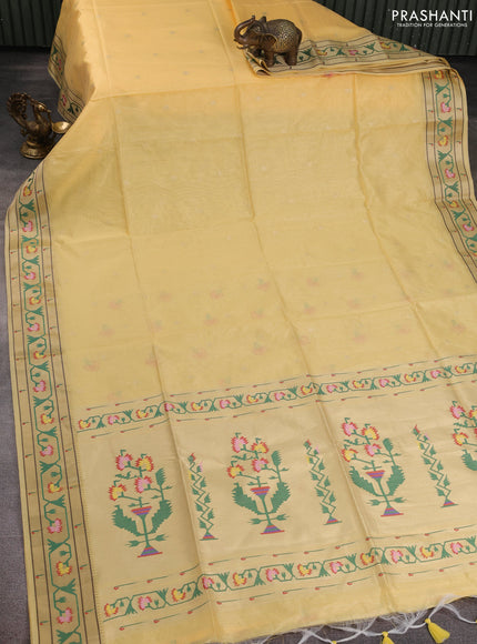 Semi paithani saree pale yellow with allover zari woven buttas and paithani pallu