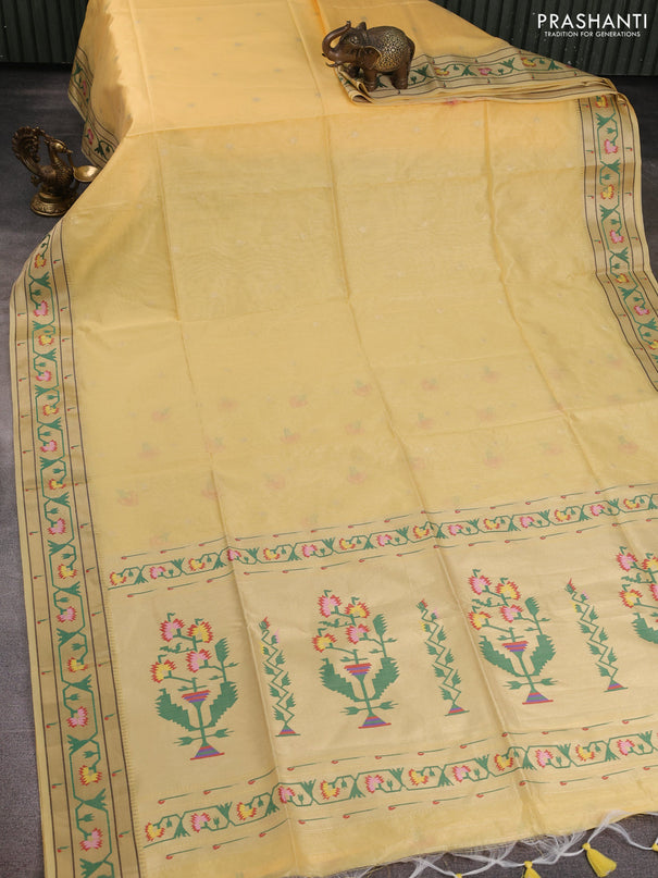 Semi paithani saree pale yellow with allover zari woven buttas and paithani pallu