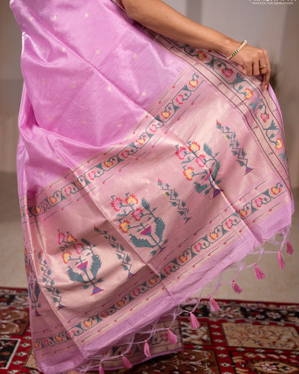 Semi paithani saree light pink with allover zari woven buttas and paithani pallu