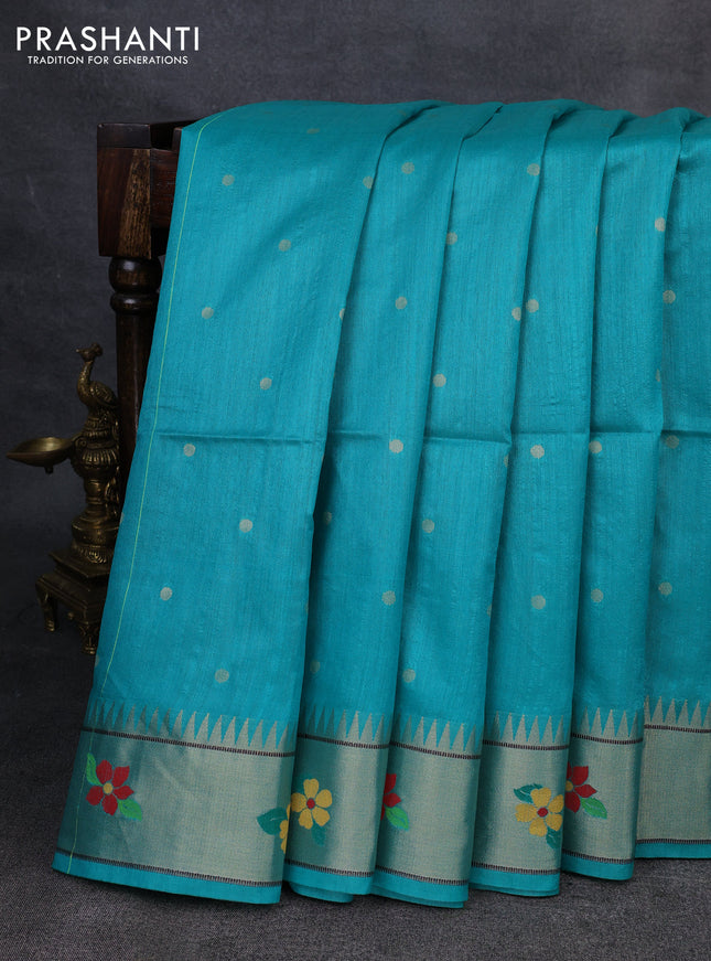 Semi paithani saree teal green with allover zari woven buttas and paithani pallu