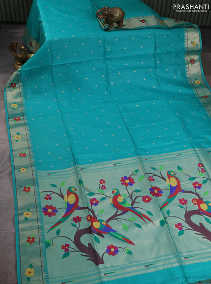 Semi paithani saree teal green with allover zari woven buttas and paithani pallu