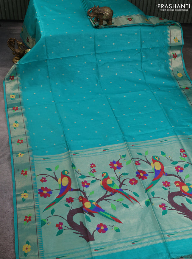 Semi paithani saree teal green with allover zari woven buttas and paithani pallu