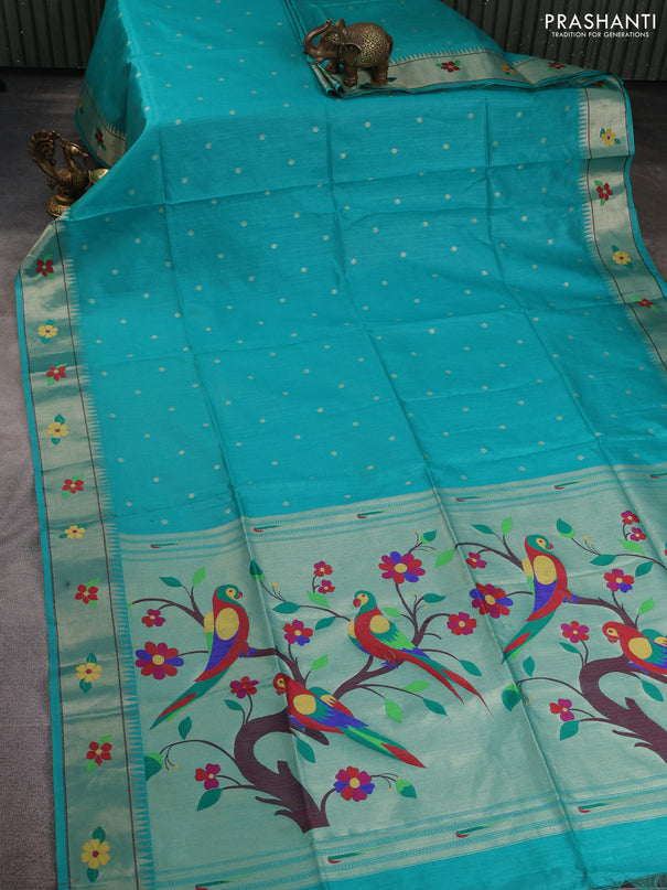 Semi paithani saree teal green with allover zari woven buttas and paithani pallu