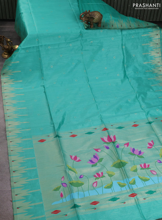 Semi paithani saree teal green with allover zari woven buttas and paithani pallu