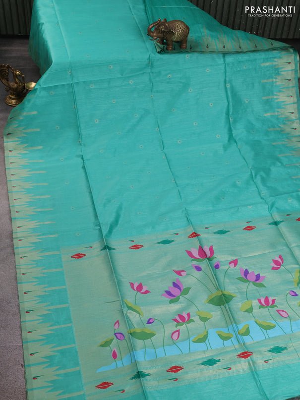 Semi paithani saree teal green with allover zari woven buttas and paithani pallu