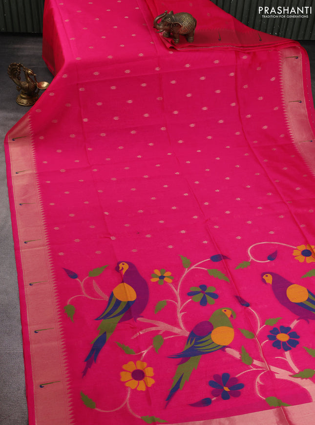 Semi paithani saree candy pink with allover zari woven buttas and paithani pallu
