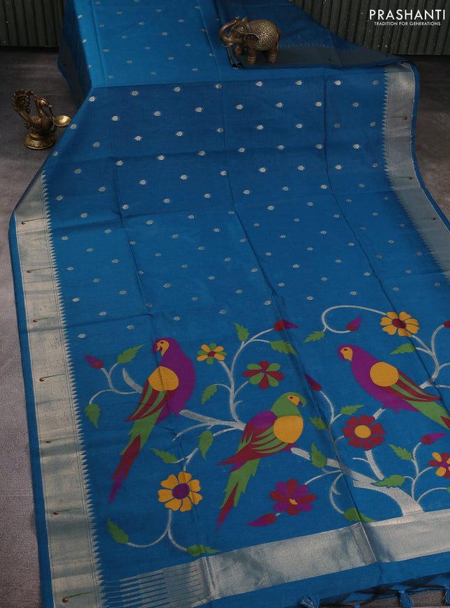 Semi paithani saree peacock green with allover zari woven buttas and paithani pallu