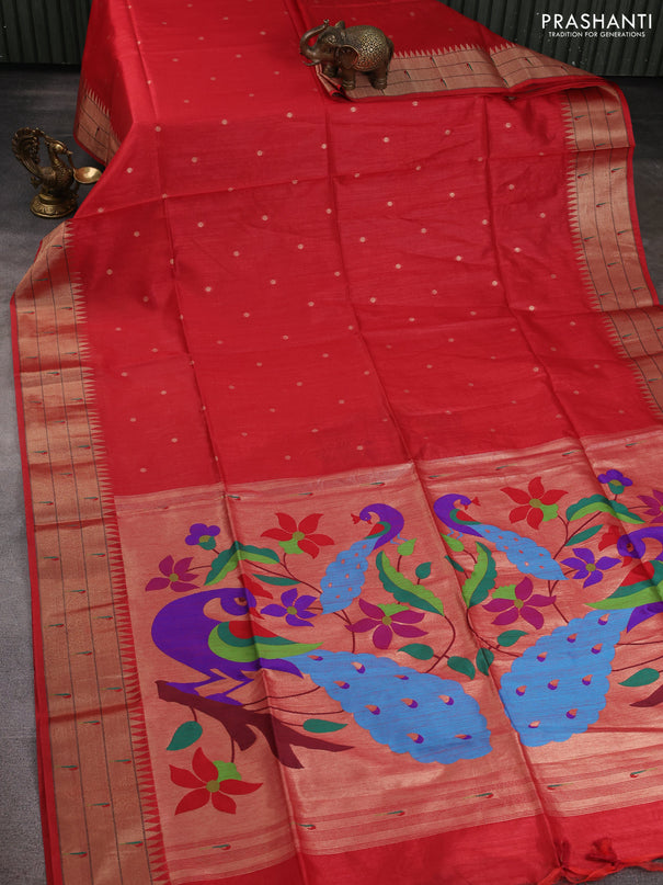 Semi paithani saree red with allover zari woven buttas and paithani pallu