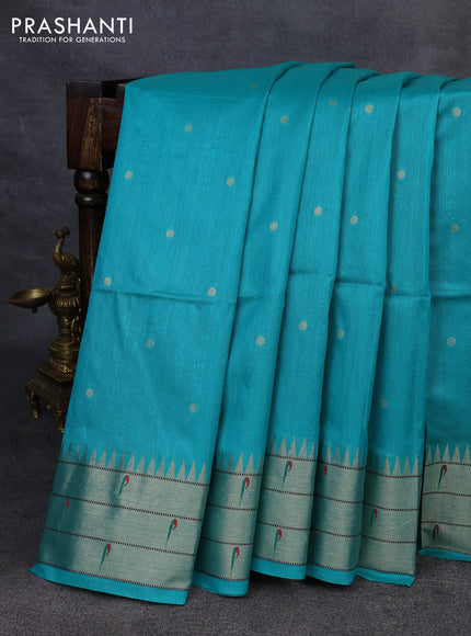 Semi paithani saree teal green with allover zari woven buttas and paithani pallu