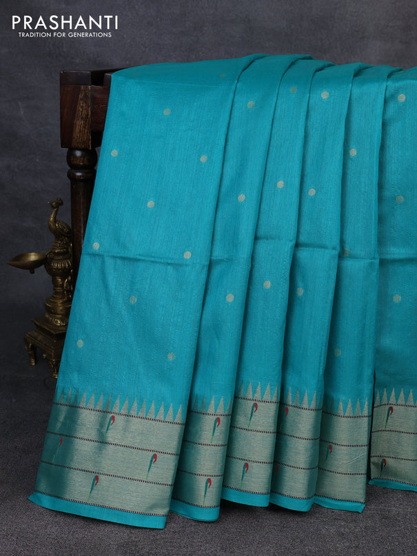 Semi paithani saree teal green with allover zari woven buttas and paithani pallu