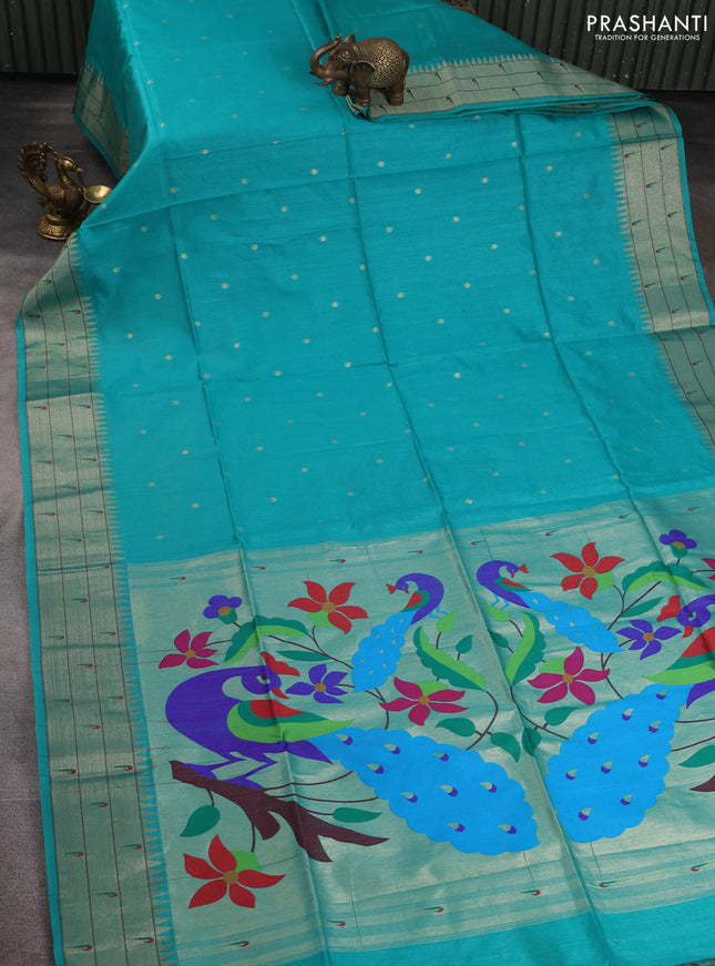 Semi paithani saree teal green with allover zari woven buttas and paithani pallu