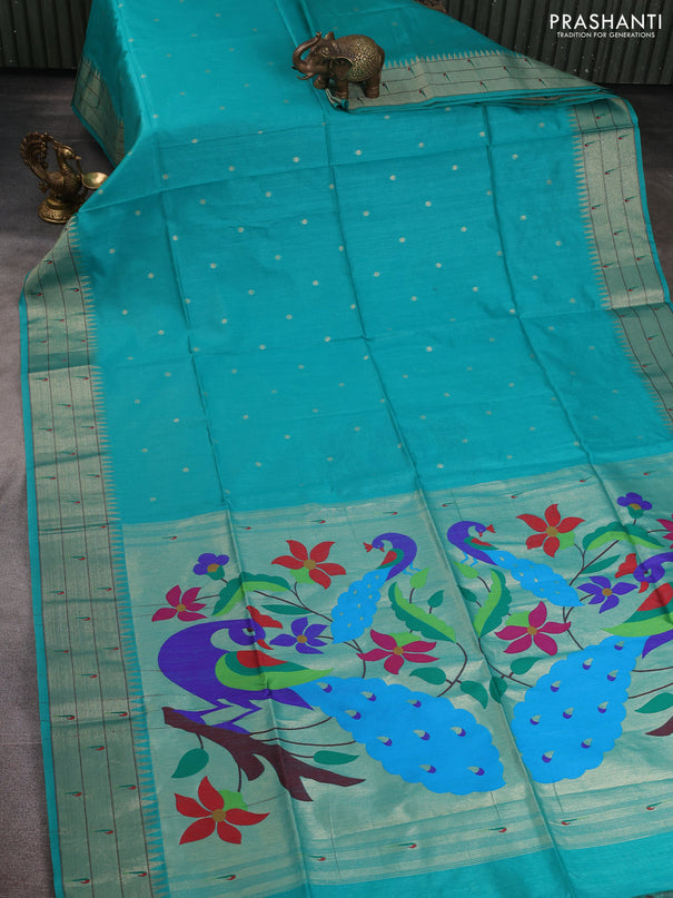 Semi paithani saree teal green with allover zari woven buttas and paithani pallu