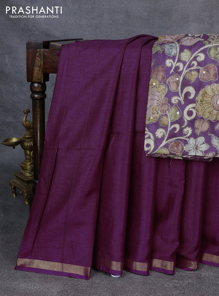 Semi matka saree purple with thread stripe pattern and kalamkari pita work border