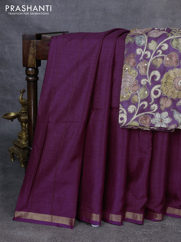 Semi matka saree purple with thread stripe pattern and kalamkari pita work border