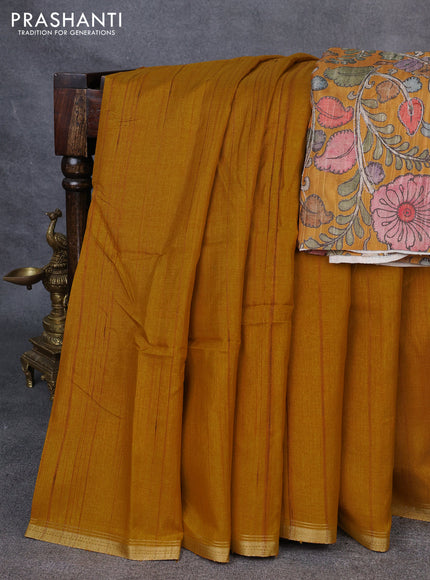 Semi matka saree mustard yellow with thread stripe pattern and kalamkari pita work border
