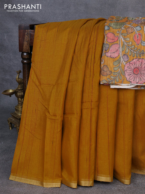 Semi matka saree mustard yellow with thread stripe pattern and kalamkari pita work border