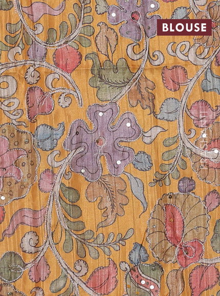Semi matka saree mustard yellow with thread stripe pattern and kalamkari pita work border