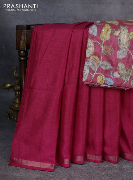 Semi matka saree dark pink with thread stripe pattern and kalamkari pita work border