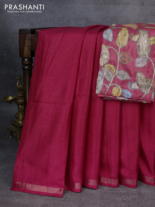 Semi matka saree dark pink with thread stripe pattern and kalamkari pita work border