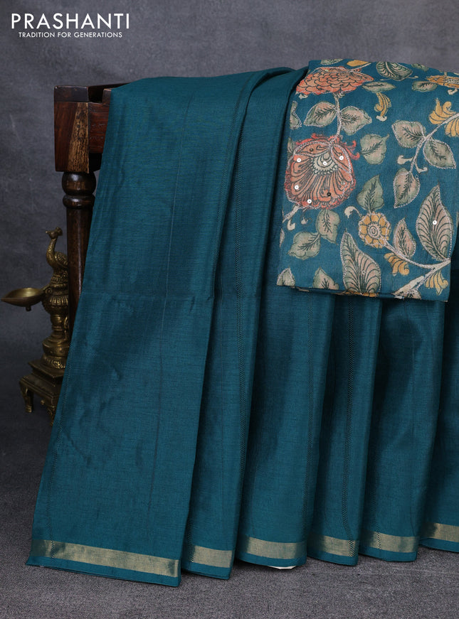Semi matka saree peacock green with thread stripe pattern and kalamkari pita work border