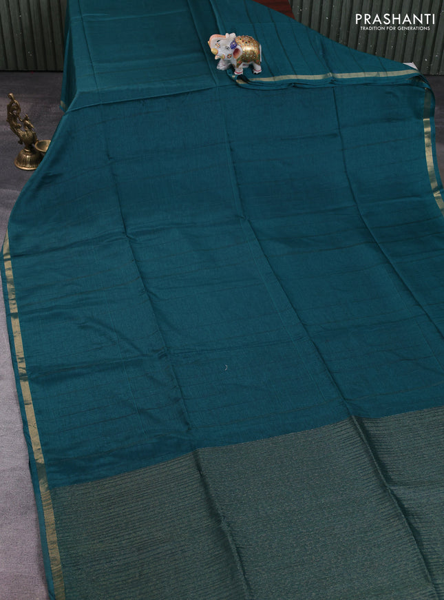 Semi matka saree peacock green with thread stripe pattern and kalamkari pita work border