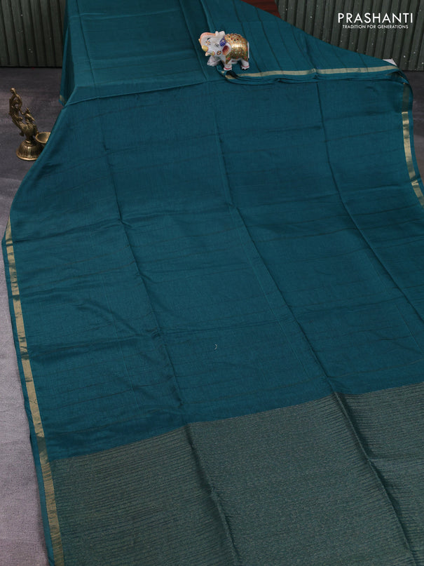 Semi matka saree peacock green with thread stripe pattern and kalamkari pita work border