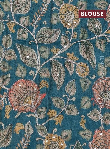 Semi matka saree peacock green with thread stripe pattern and kalamkari pita work border