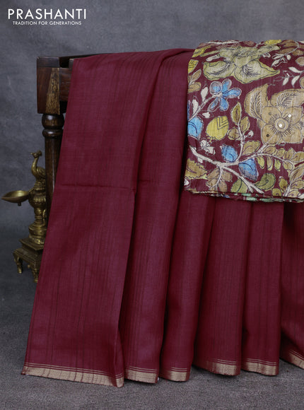 Semi matka saree maroon with thread stripe pattern and kalamkari pita work border