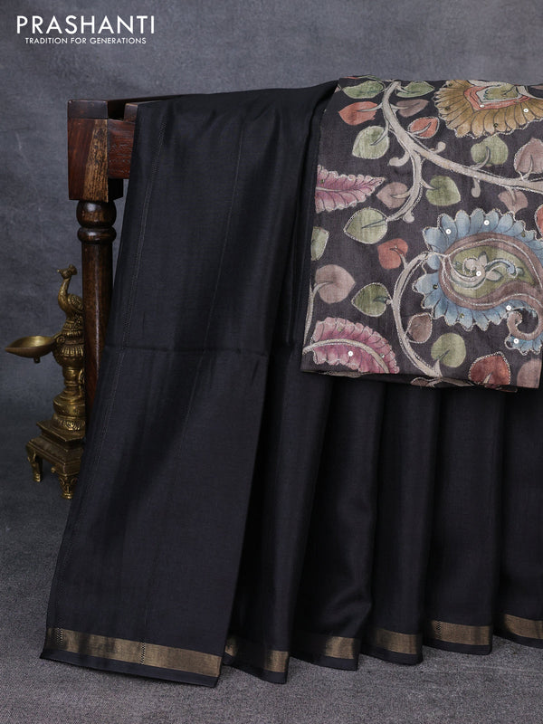 Semi matka saree black with thread stripe pattern and kalamkari pita work border