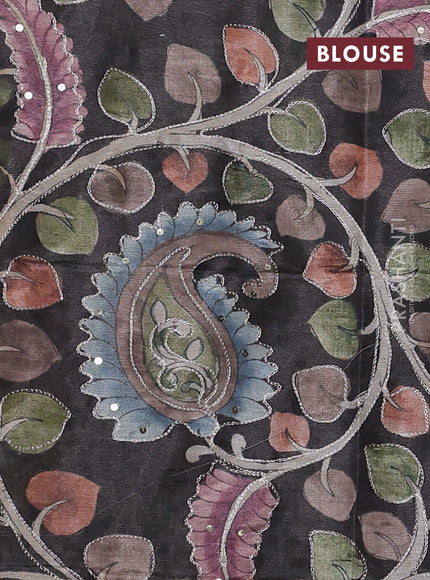 Semi matka saree black with thread stripe pattern and kalamkari pita work border