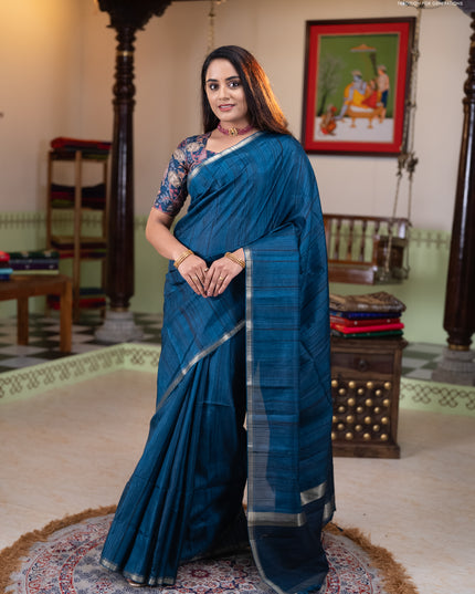Semi matka saree peacock blue with thread stripe pattern and kalamkari pita work border