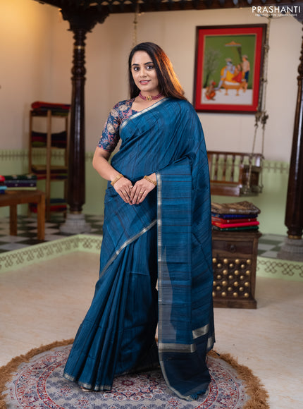 Semi matka saree peacock blue with thread stripe pattern and kalamkari pita work border