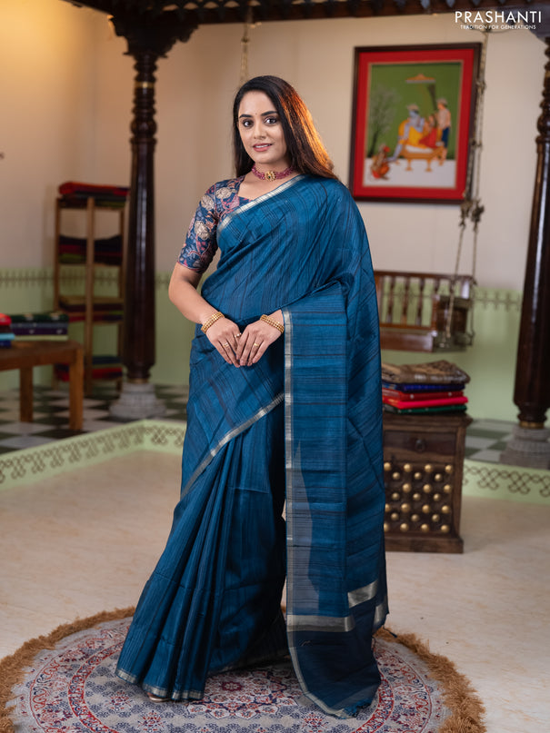 Semi matka saree peacock blue with thread stripe pattern and kalamkari pita work border