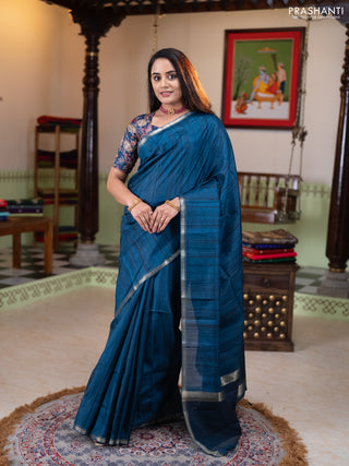 Semi matka saree peacock blue with thread stripe pattern and kalamkari pita work border