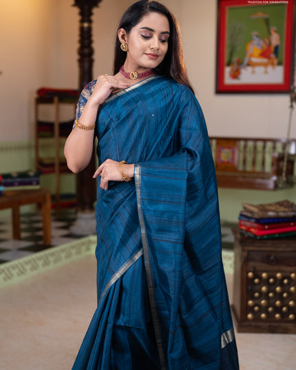 Semi matka saree peacock blue with thread stripe pattern and kalamkari pita work border