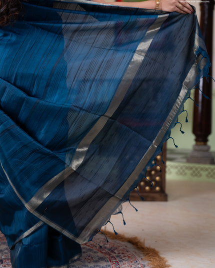 Semi matka saree peacock blue with thread stripe pattern and kalamkari pita work border