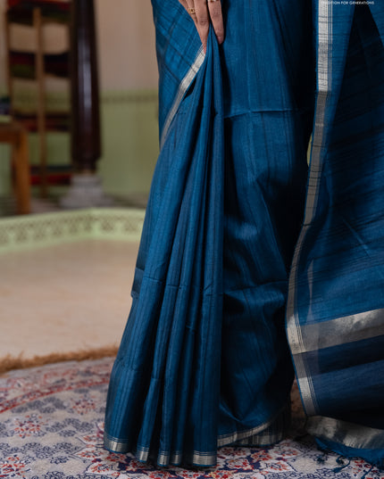 Semi matka saree peacock blue with thread stripe pattern and kalamkari pita work border