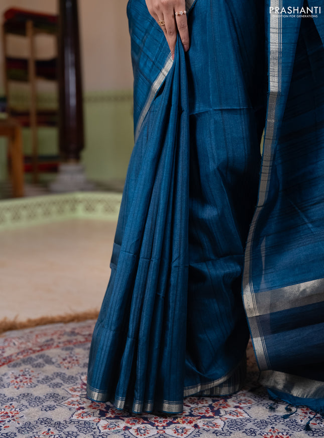 Semi matka saree peacock blue with thread stripe pattern and kalamkari pita work border