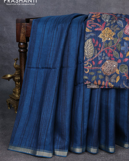 Semi matka saree peacock blue with thread stripe pattern and kalamkari pita work border