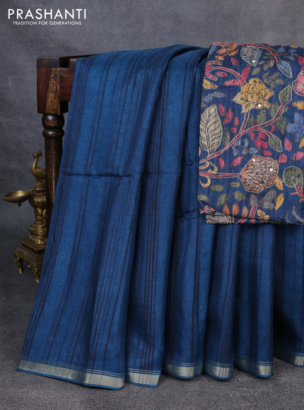Semi matka saree peacock blue with thread stripe pattern and kalamkari pita work border