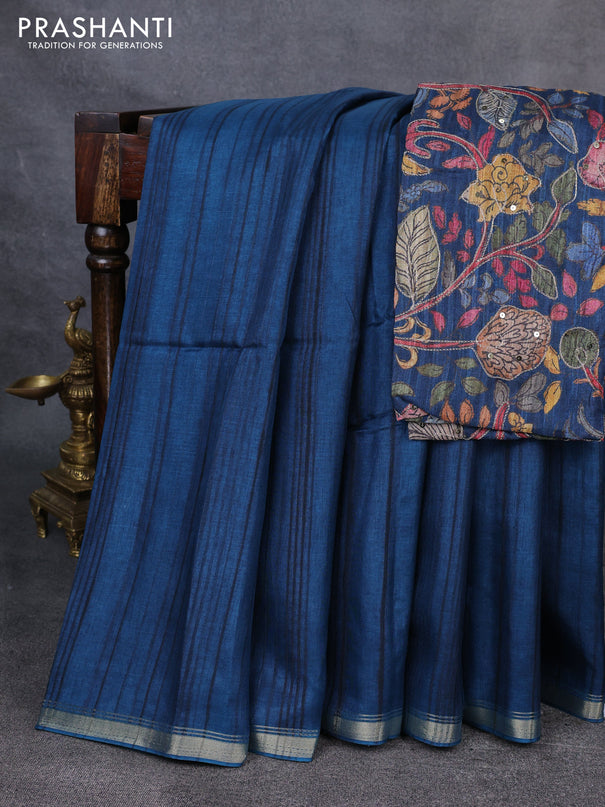 Semi matka saree peacock blue with thread stripe pattern and kalamkari pita work border