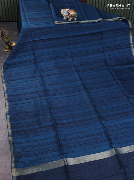 Semi matka saree peacock blue with thread stripe pattern and kalamkari pita work border