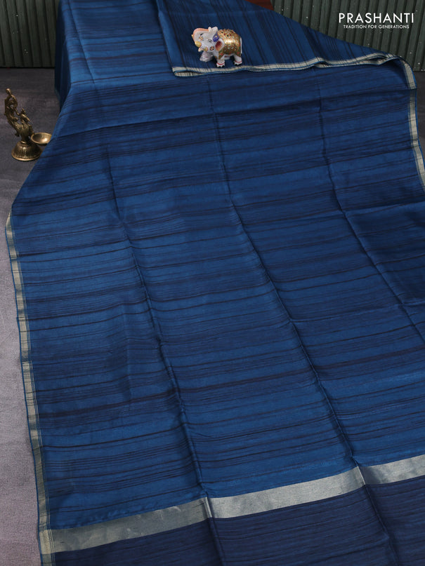 Semi matka saree peacock blue with thread stripe pattern and kalamkari pita work border