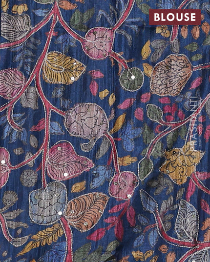 Semi matka saree peacock blue with thread stripe pattern and kalamkari pita work border