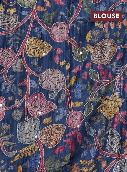 Semi matka saree peacock blue with thread stripe pattern and kalamkari pita work border